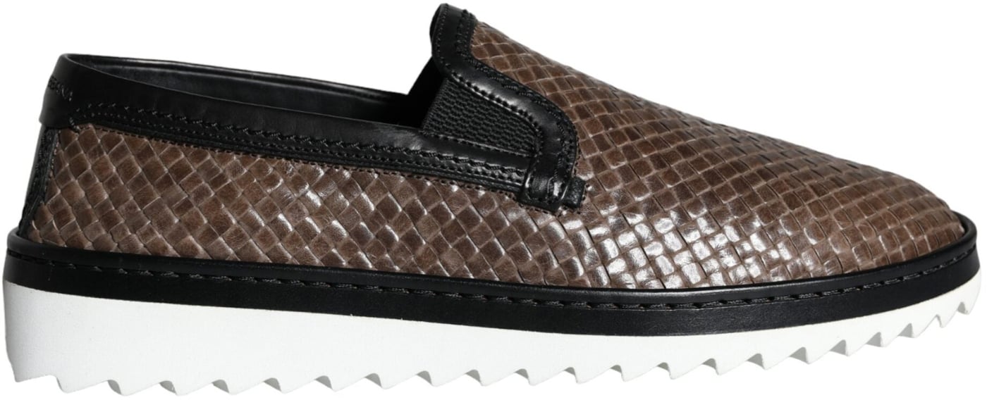 Dolce & Gabbana Brown Black Leather Weaved Men Loafers Shoes