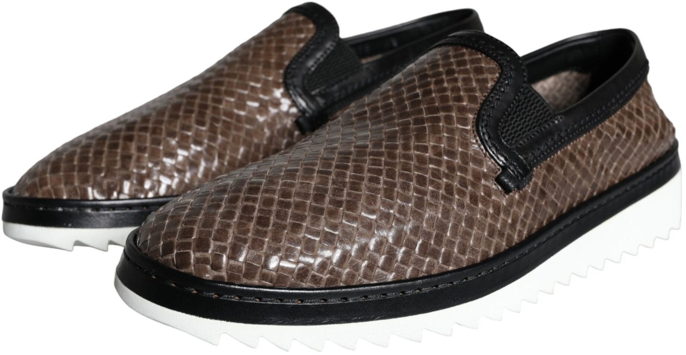 Dolce & Gabbana Brown Black Leather Weaved Men Loafers Shoes