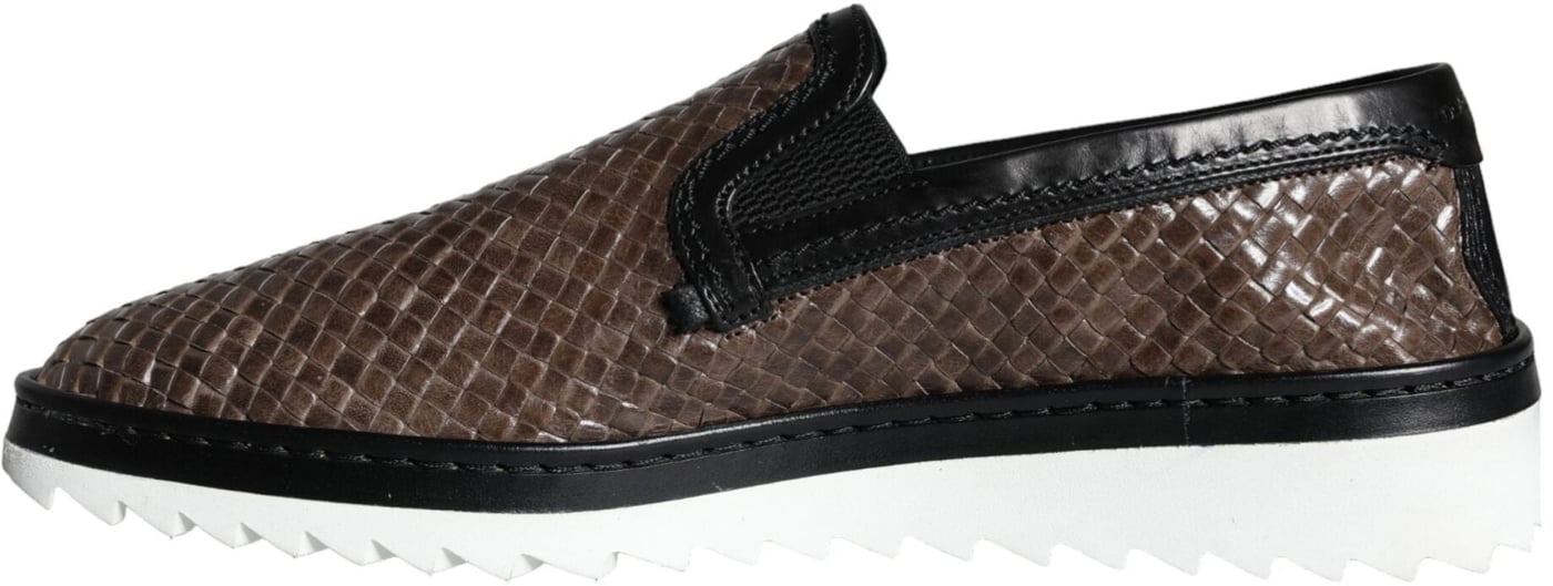 Dolce & Gabbana Brown Black Leather Weaved Men Loafers Shoes