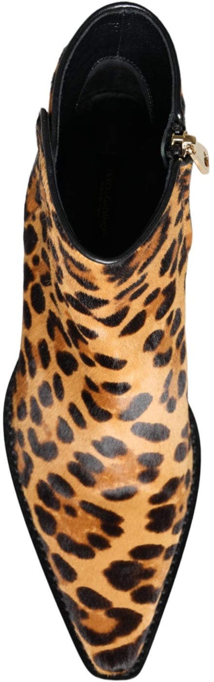 Dolce & Gabbana Brown Leopard Calf Fur Ankle Boots Shoes