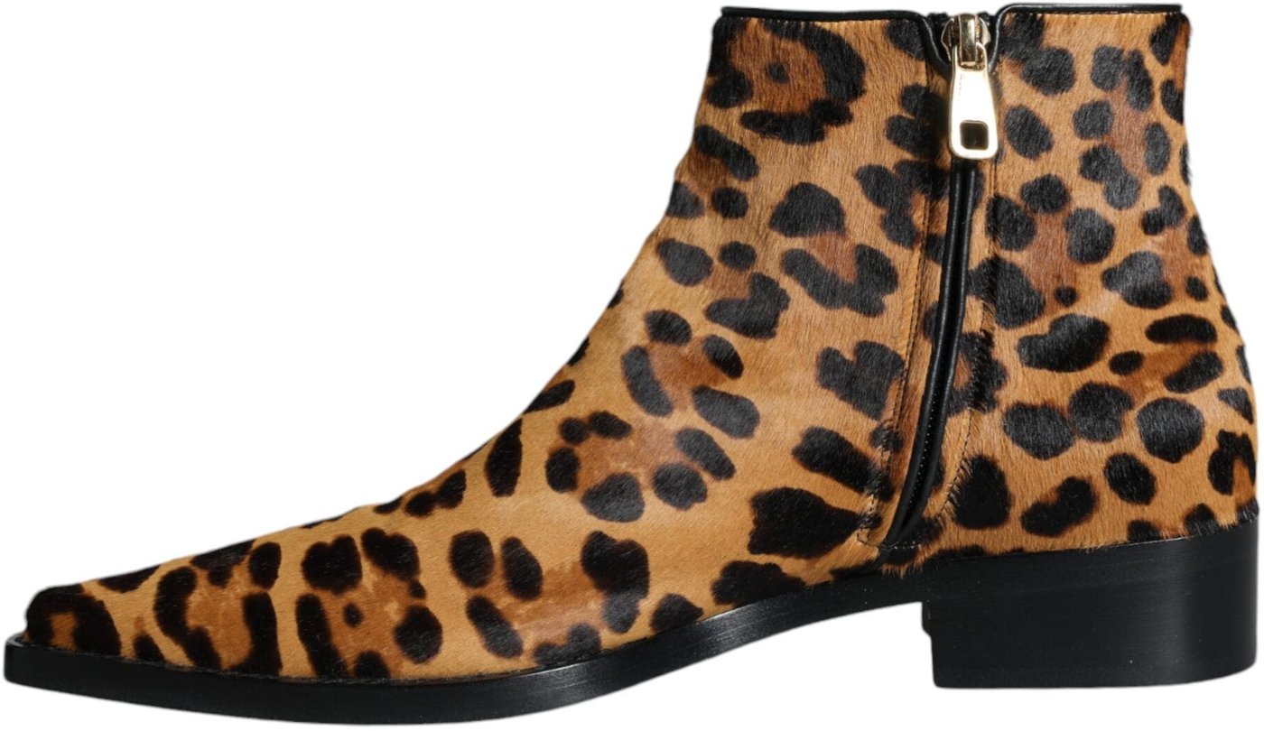 Dolce & Gabbana Brown Leopard Calf Fur Ankle Boots Shoes