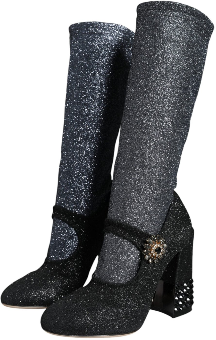 Dolce & Gabbana Black Crystal Mary Janes Booties Shoes