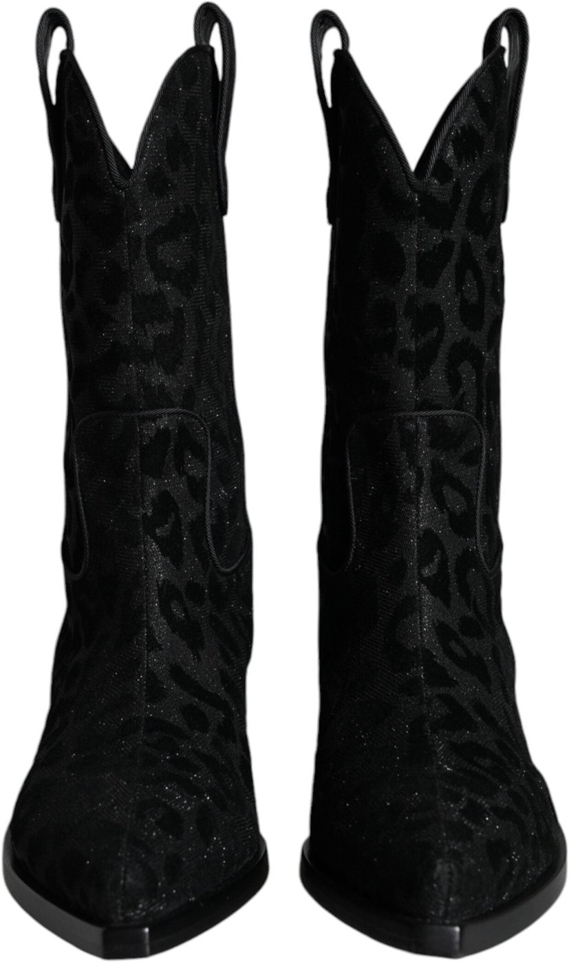 Dolce & Gabbana Black Gray Leopard Cowboy Boots Shoes