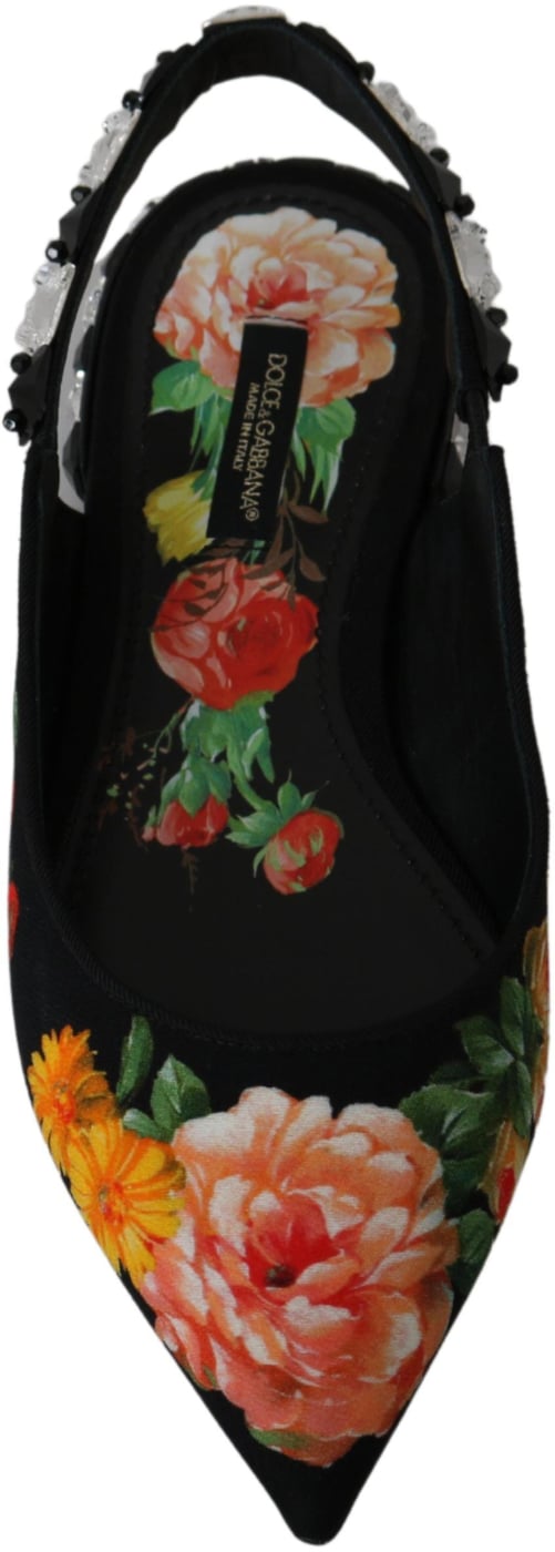 Dolce & Gabbana Black Floral Crystal Slingbacks Flats Shoes