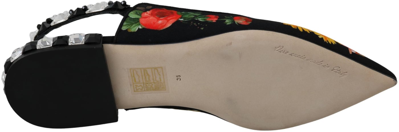 Dolce & Gabbana Black Floral Crystal Slingbacks Flats Shoes