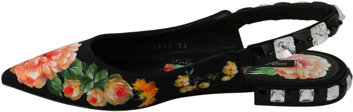 Dolce & Gabbana Black Floral Crystal Slingbacks Flats Shoes