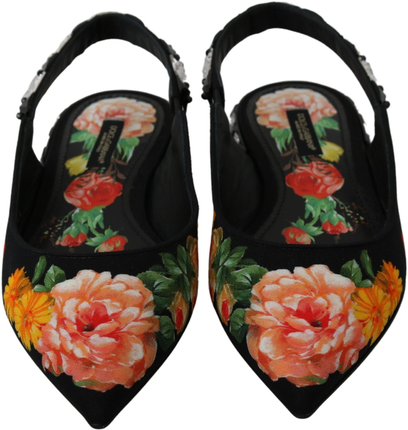 Dolce & Gabbana Black Floral Crystal Slingbacks Flats Shoes