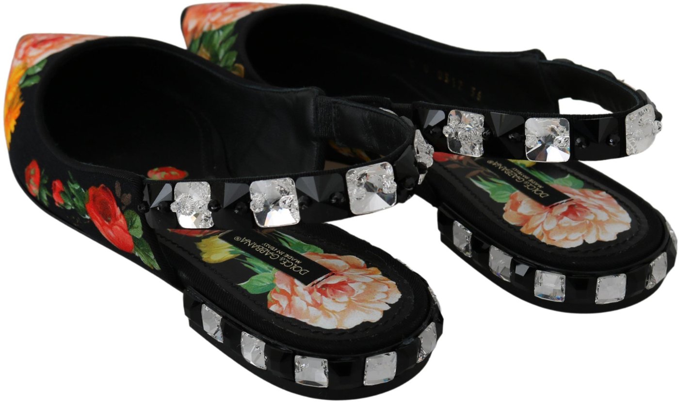 Dolce & Gabbana Black Floral Crystal Slingbacks Flats Shoes