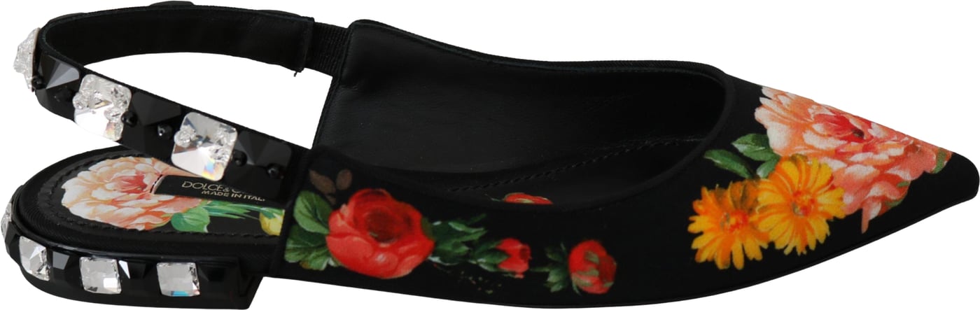 Dolce & Gabbana Black Floral Crystal Slingbacks Flats Shoes