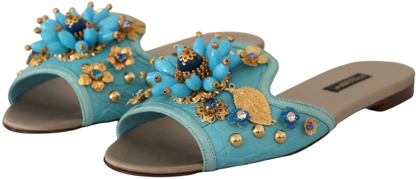Dolce & Gabbana Blue Crystal Exotic Leather Blue Crystal Sandals