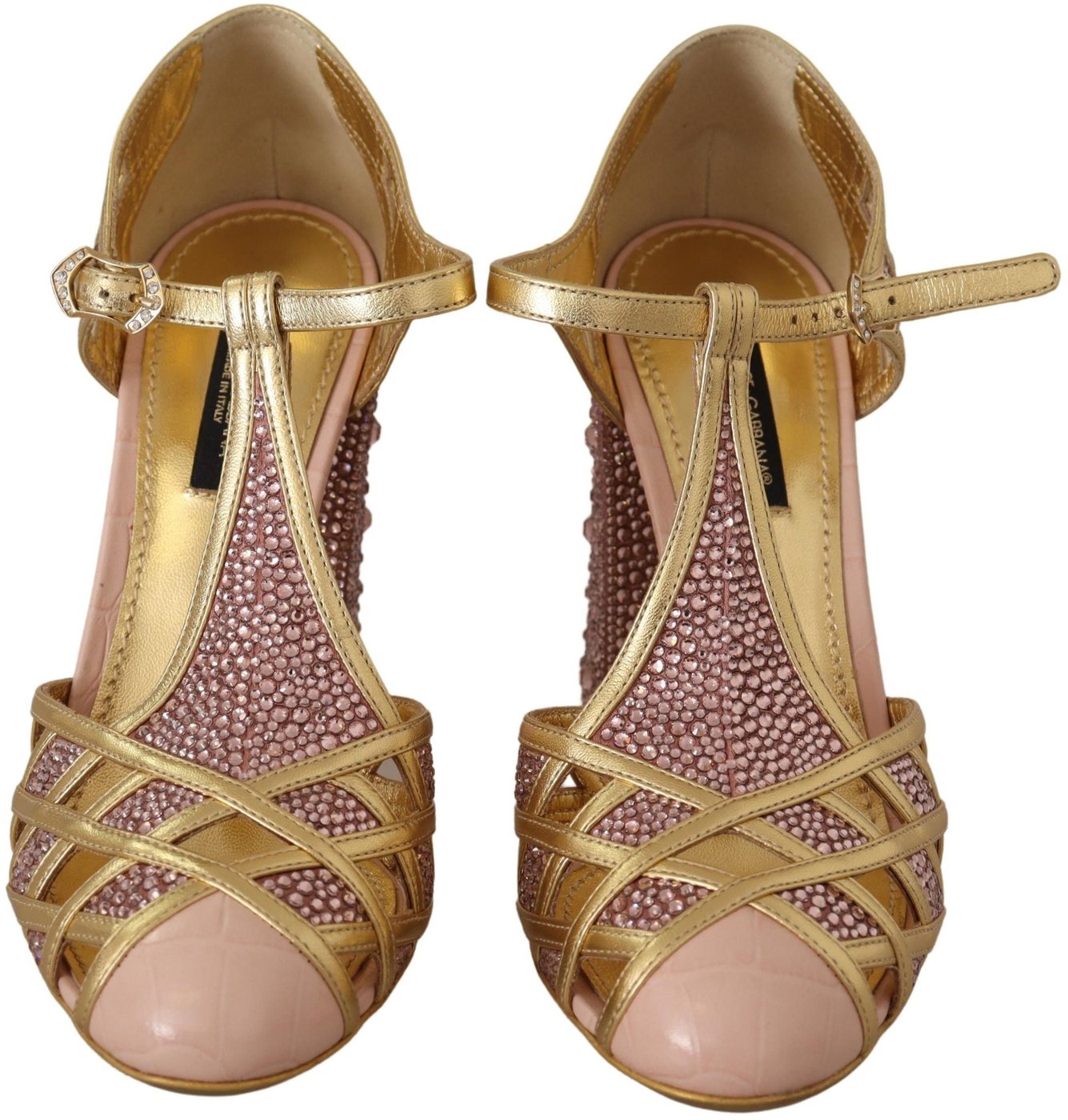 Dolce & Gabbana Pink Gold Leather Crystal Pumps T-strap Shoes
