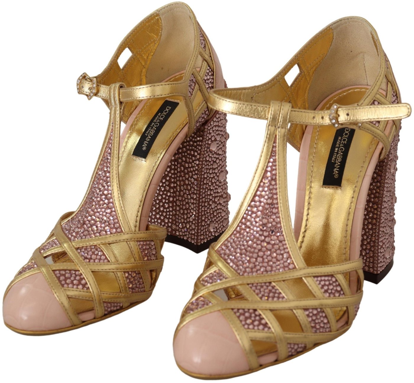 Dolce & Gabbana Pink Gold Leather Crystal Pumps T-strap Shoes