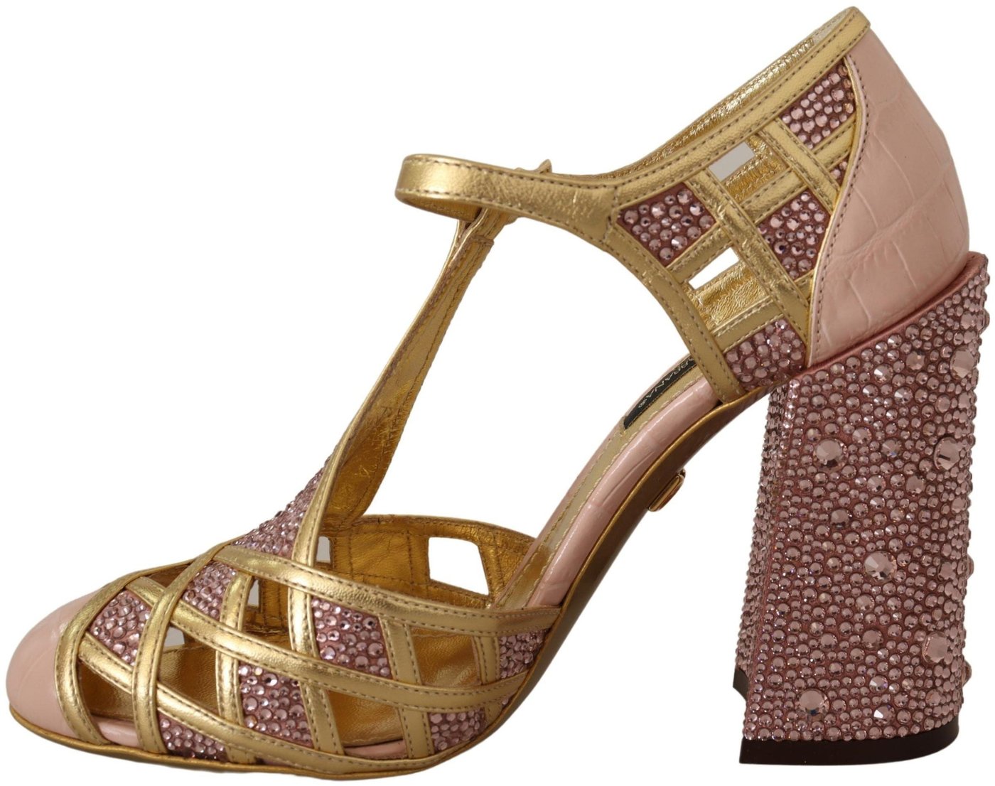 Dolce & Gabbana Pink Gold Leather Crystal Pumps T-strap Shoes
