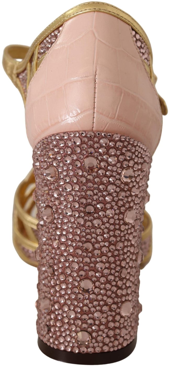 Dolce & Gabbana Pink Gold Leather Crystal Pumps T-strap Shoes