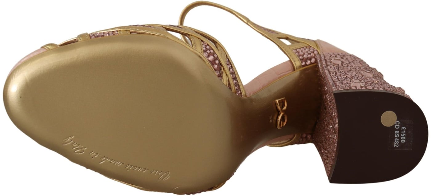 Dolce & Gabbana Pink Gold Leather Crystal Pumps T-strap Shoes
