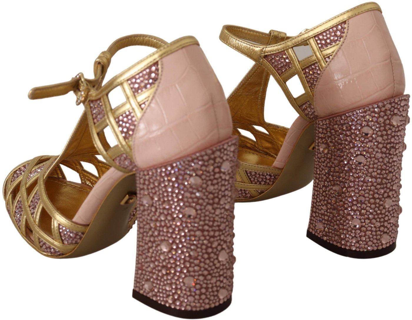 Dolce & Gabbana Pink Gold Leather Crystal Pumps T-strap Shoes