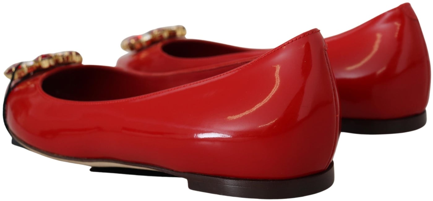 Dolce & Gabbana Red Leather Crystals Loafers Flats Shoes