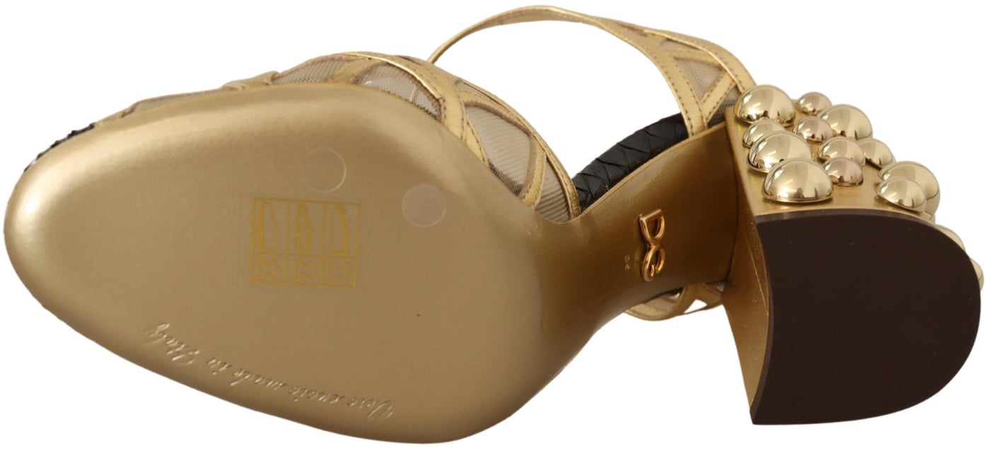 Dolce & Gabbana Black Gold Leather Studded Ankle Straps Shoes