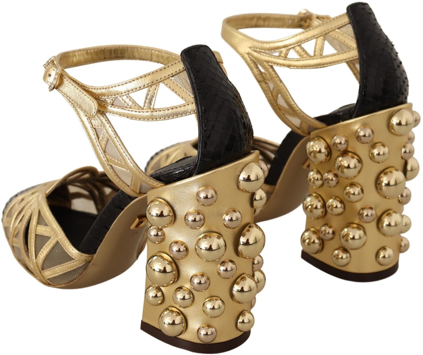 Dolce & Gabbana Black Gold Leather Studded Ankle Straps Shoes