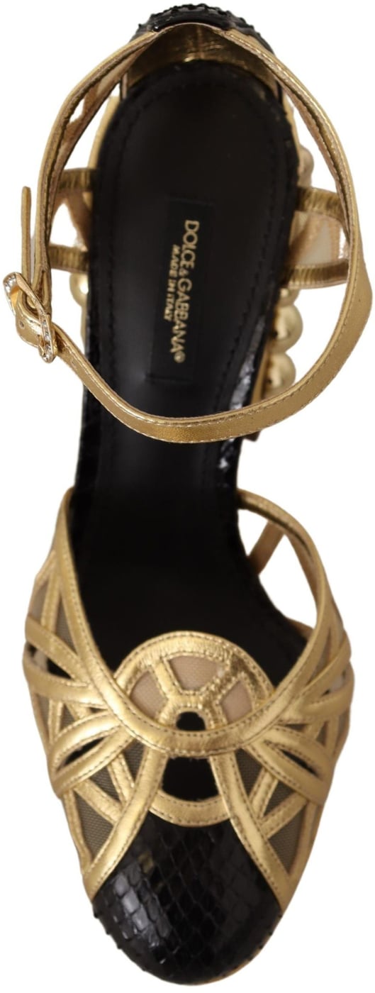 Dolce & Gabbana Black Gold Leather Studded Ankle Straps Shoes