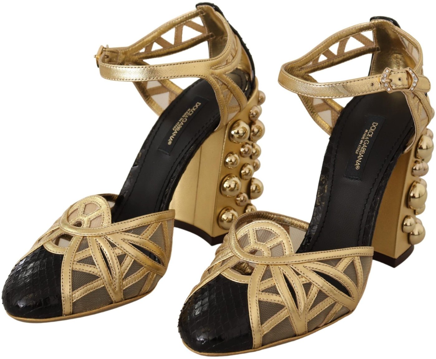 Dolce & Gabbana Black Gold Leather Studded Ankle Straps Shoes