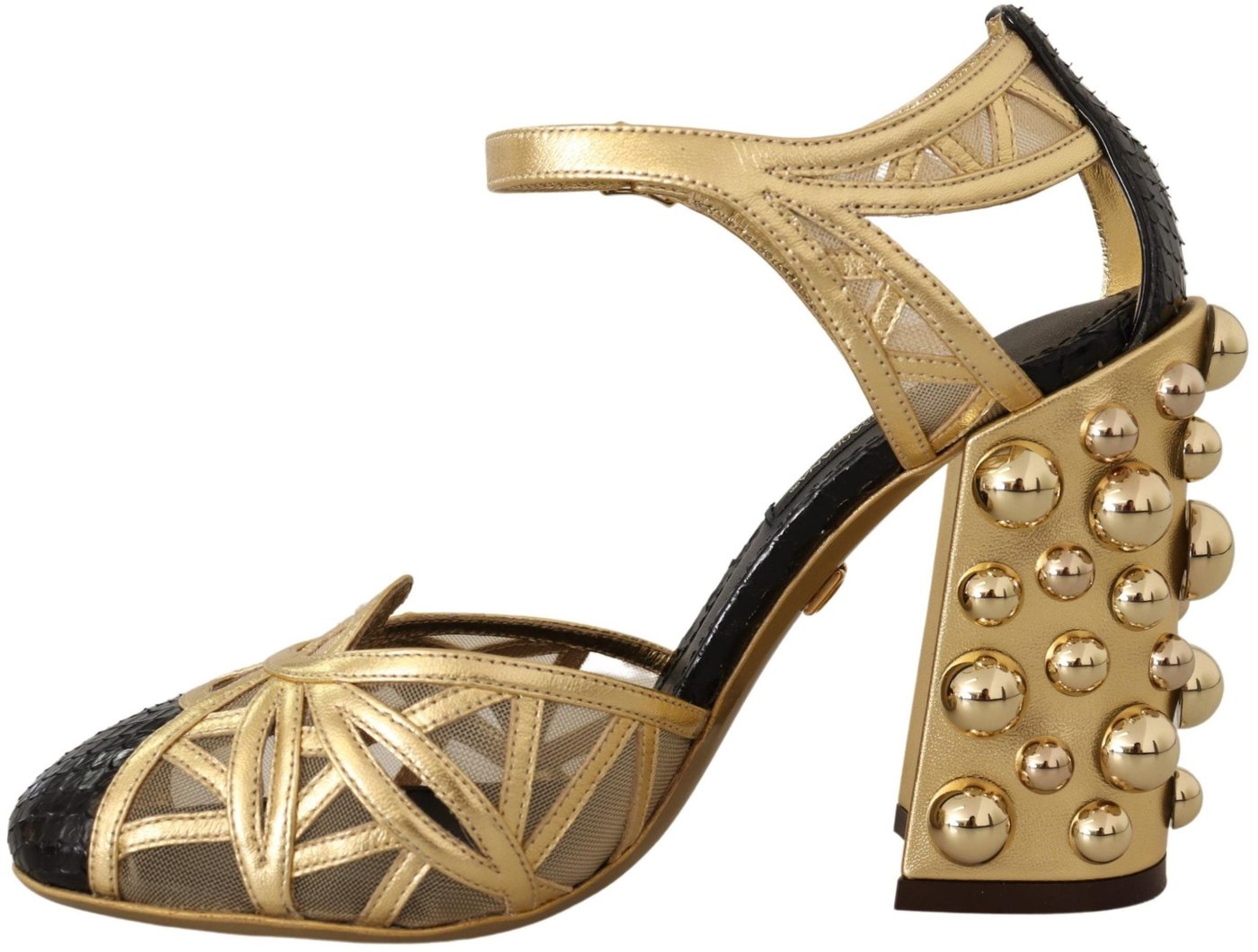 Dolce & Gabbana Black Gold Leather Studded Ankle Straps Shoes