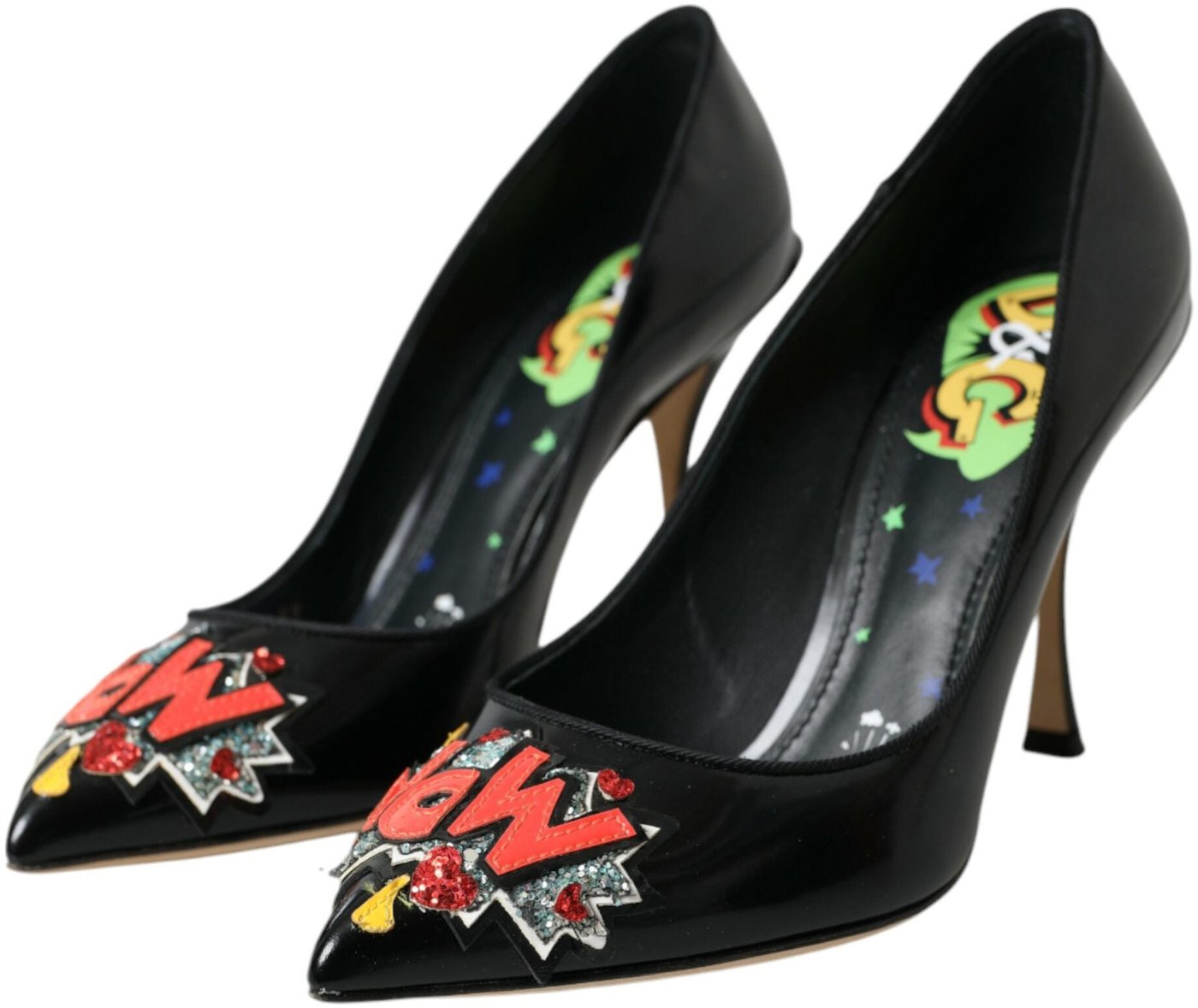 Dolce & Gabbana Black Leather WOW Patch Heels Pumps Shoes