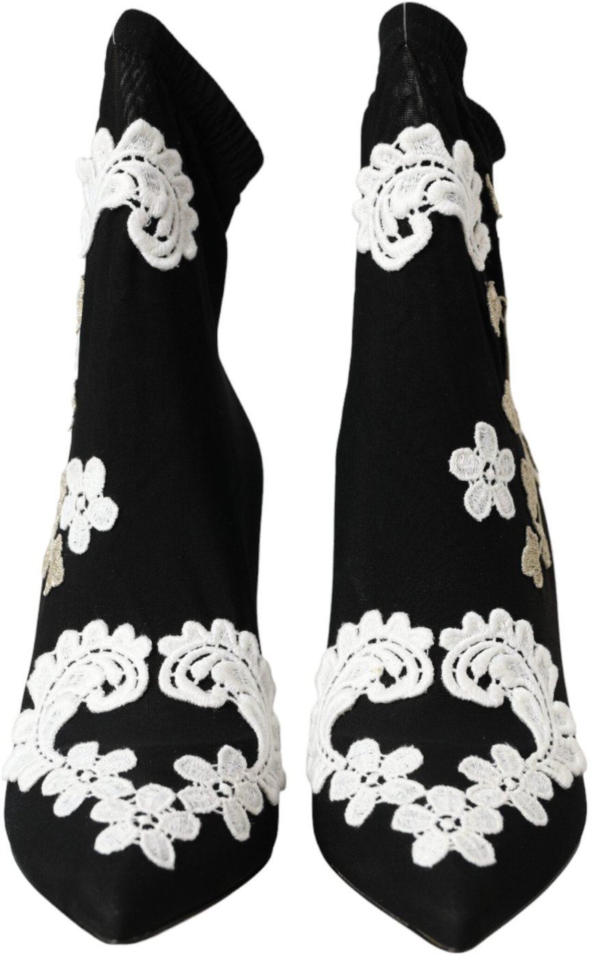 Dolce & Gabbana Black White Embroidery Slip On Boots Shoes