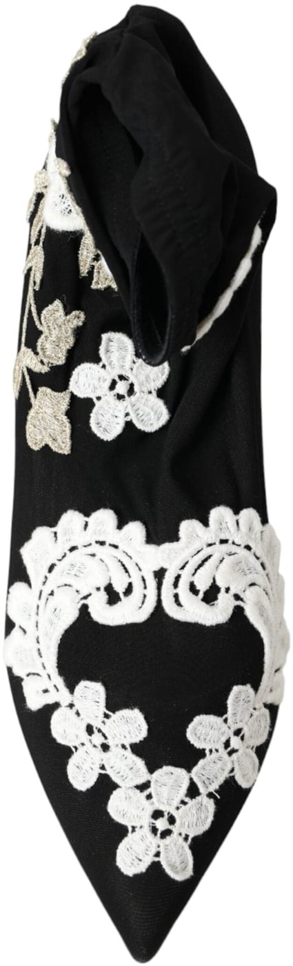 Dolce & Gabbana Black White Embroidery Slip On Boots Shoes