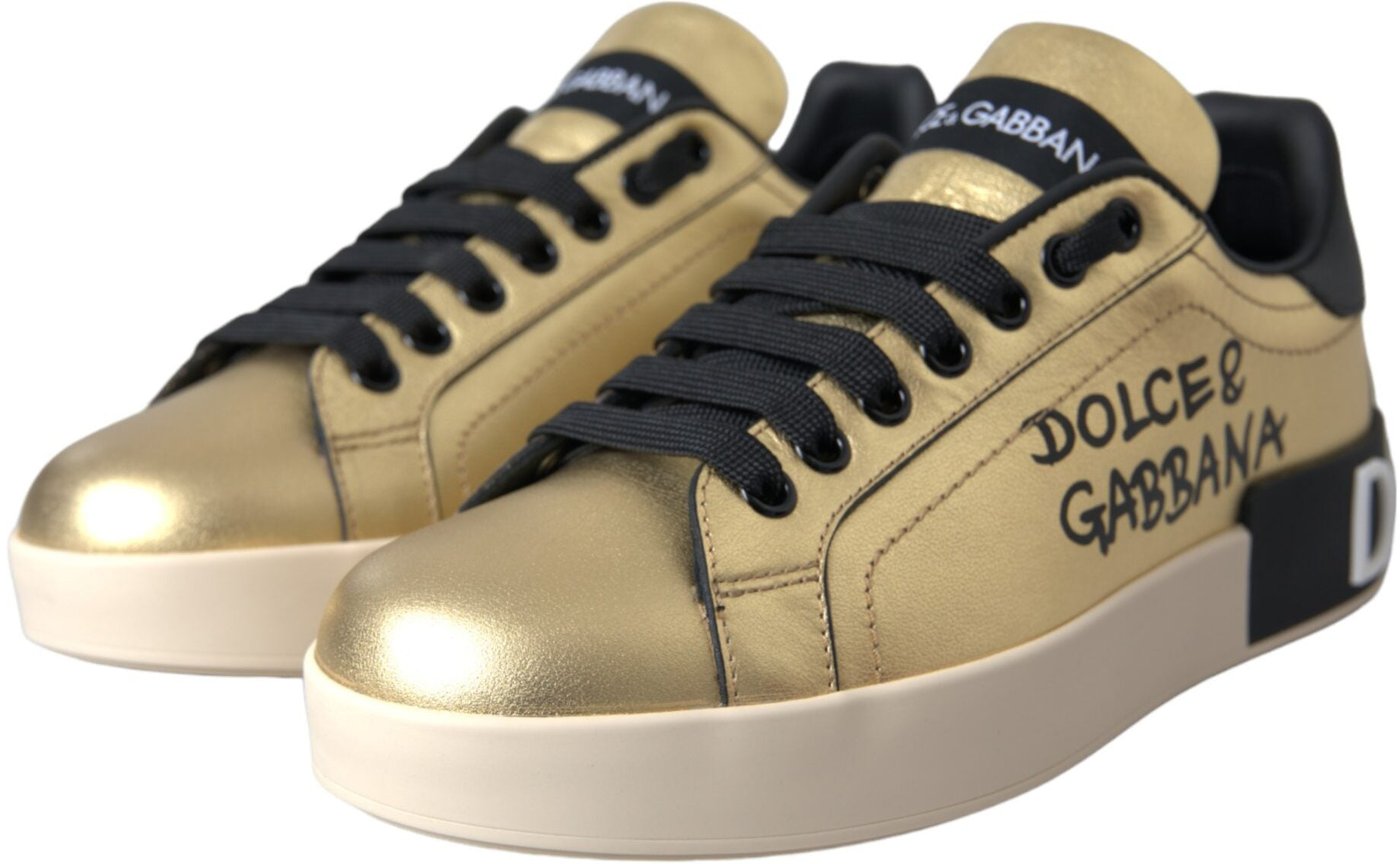 Dolce & Gabbana Gold Portofino Calf Leather Sneakers Women Shoes