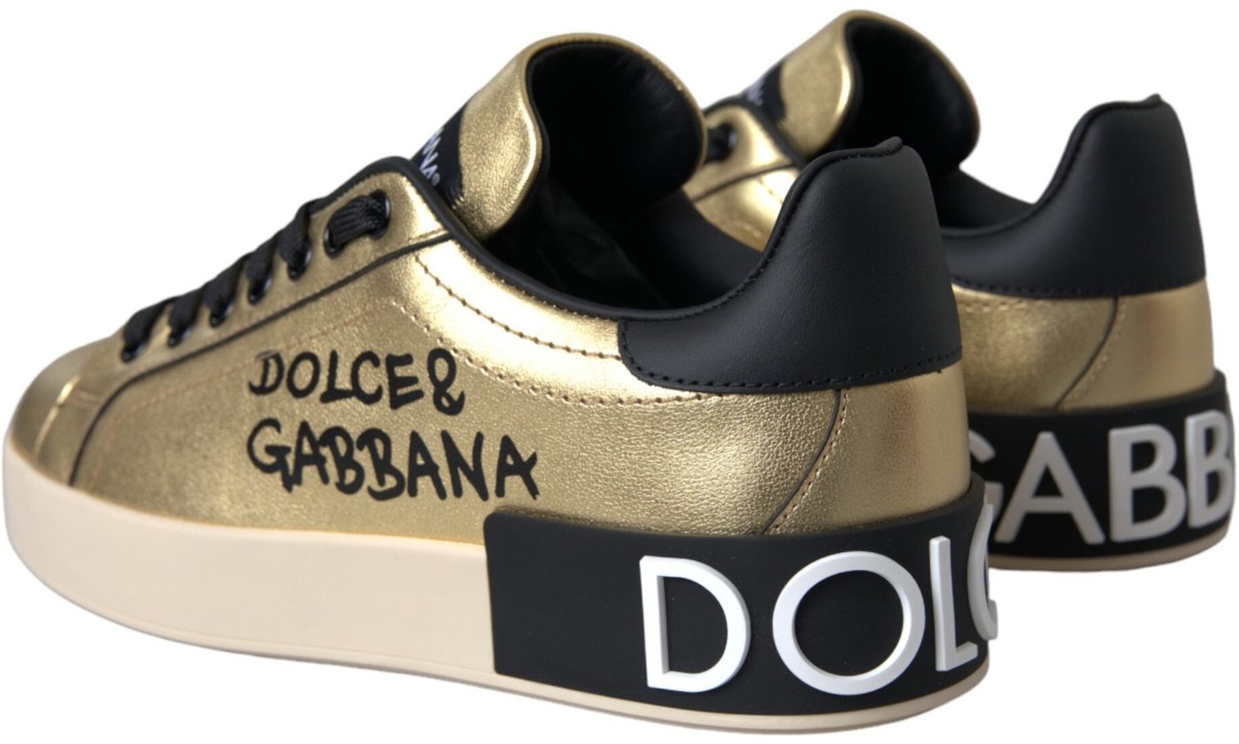 Dolce & Gabbana Gold Portofino Calf Leather Sneakers Women Shoes