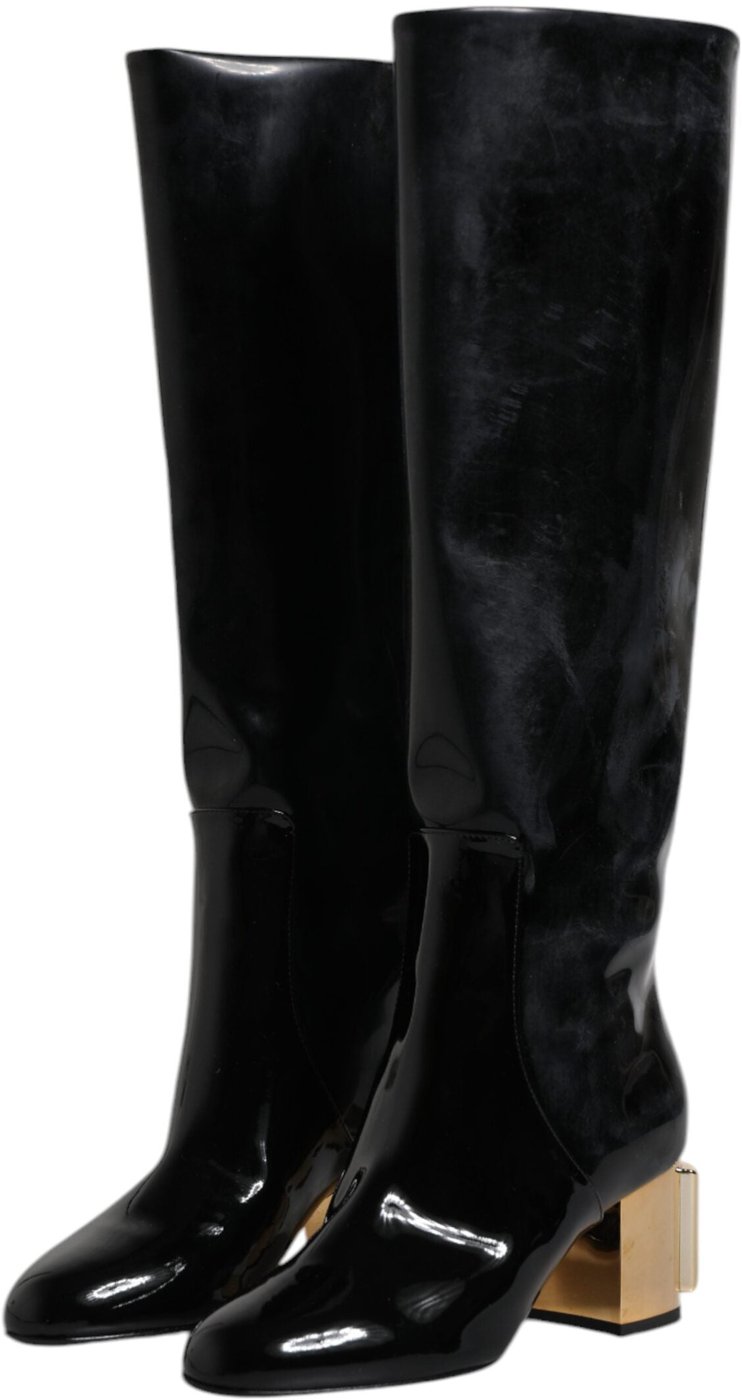 Dolce & Gabbana Black Patent Leather Vally High Boots Shoes