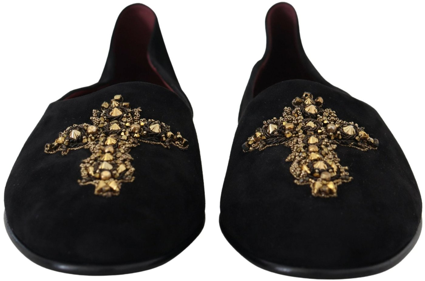 Dolce & Gabbana Black Suede Gold Cross Slip On Loafers Shoes