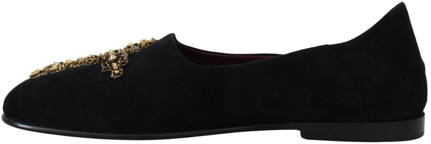 Dolce & Gabbana Black Suede Gold Cross Slip On Loafers Shoes