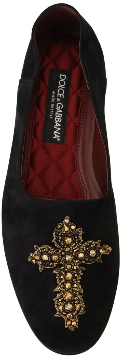 Dolce & Gabbana Black Suede Gold Cross Slip On Loafers Shoes