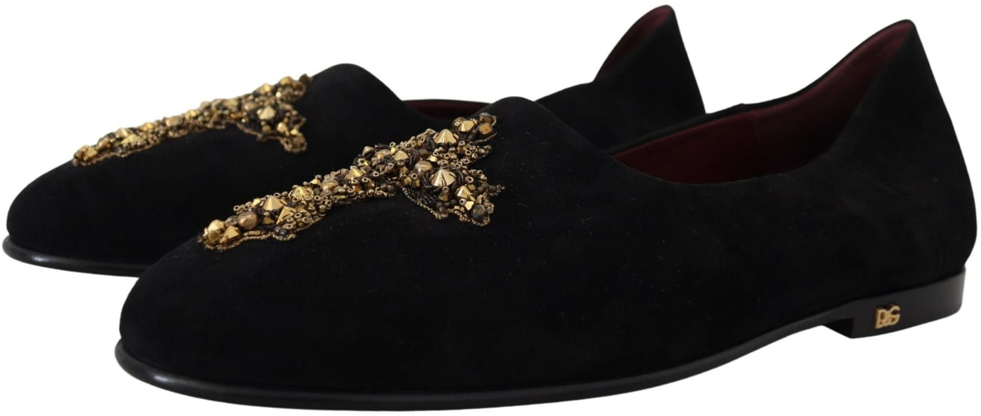 Dolce & Gabbana Black Suede Gold Cross Slip On Loafers Shoes