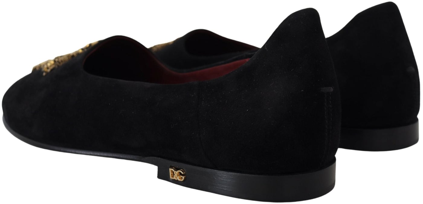 Dolce & Gabbana Black Suede Gold Cross Slip On Loafers Shoes