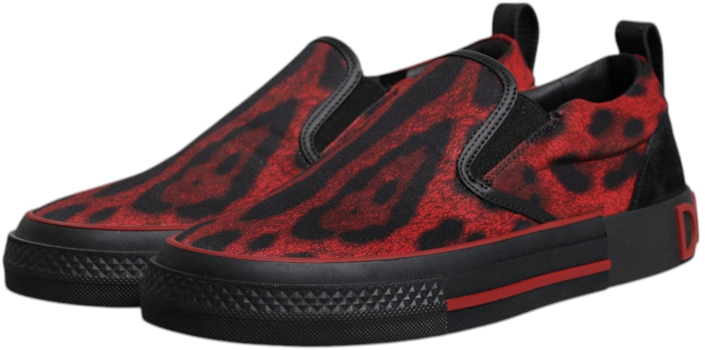 Dolce & Gabbana Red Black Leopard Cotton Men Low Top Sneakers Shoes