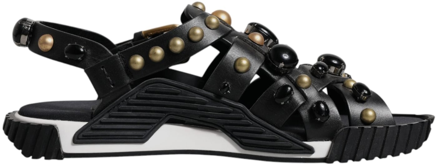 Dolce & Gabbana Black Leather Studded Slides Sandals Shoes