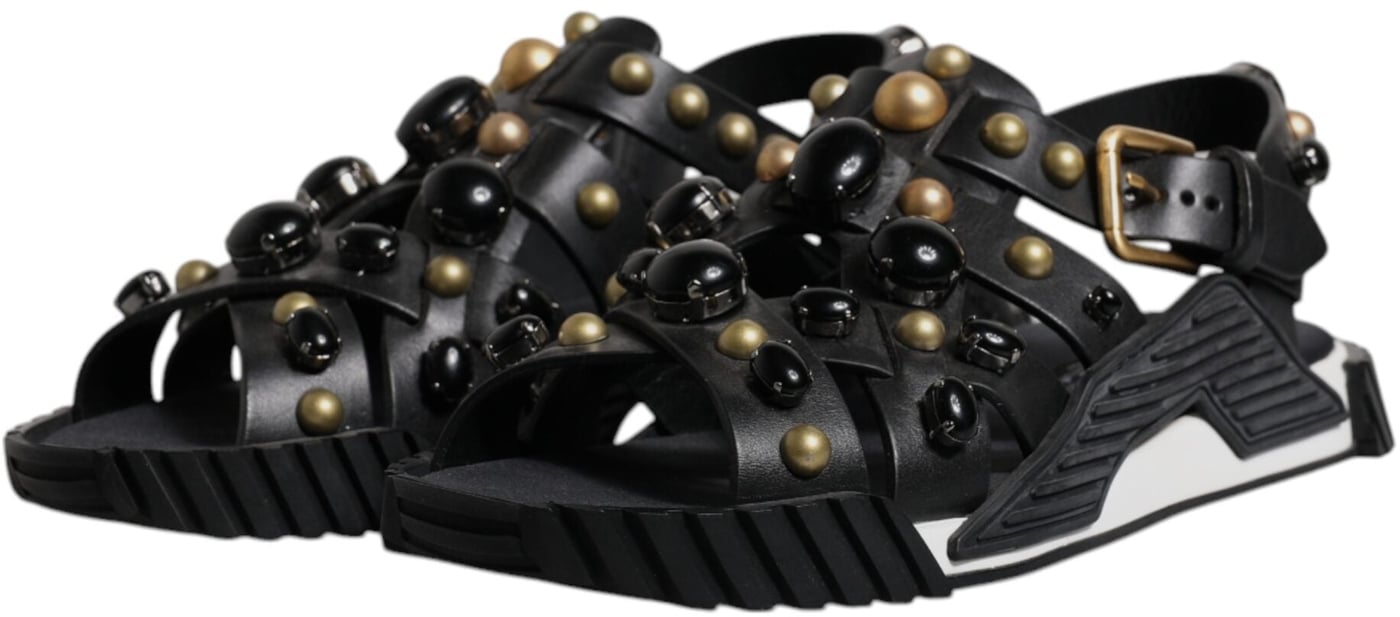 Dolce & Gabbana Black Leather Studded Slides Sandals Shoes