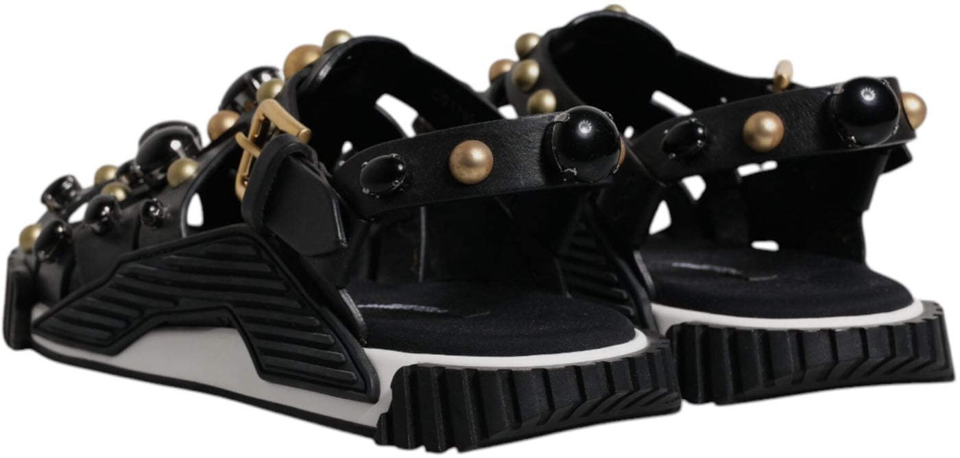 Dolce & Gabbana Black Leather Studded Slides Sandals Shoes