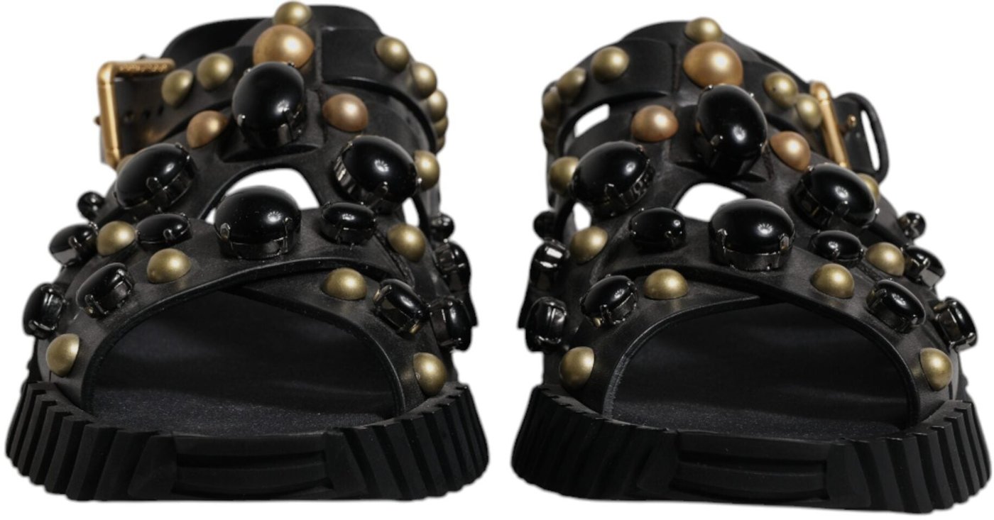 Dolce & Gabbana Black Leather Studded Slides Sandals Shoes