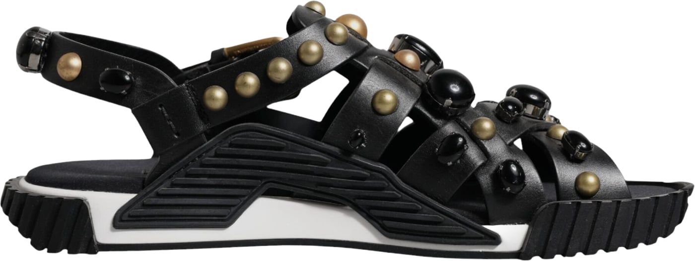 Dolce & Gabbana Black Leather Studded Slides Sandals Shoes