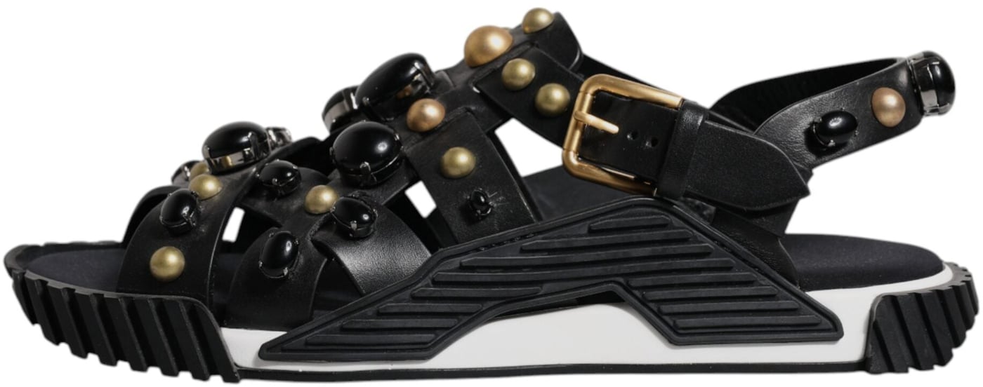 Dolce & Gabbana Black Leather Studded Slides Sandals Shoes