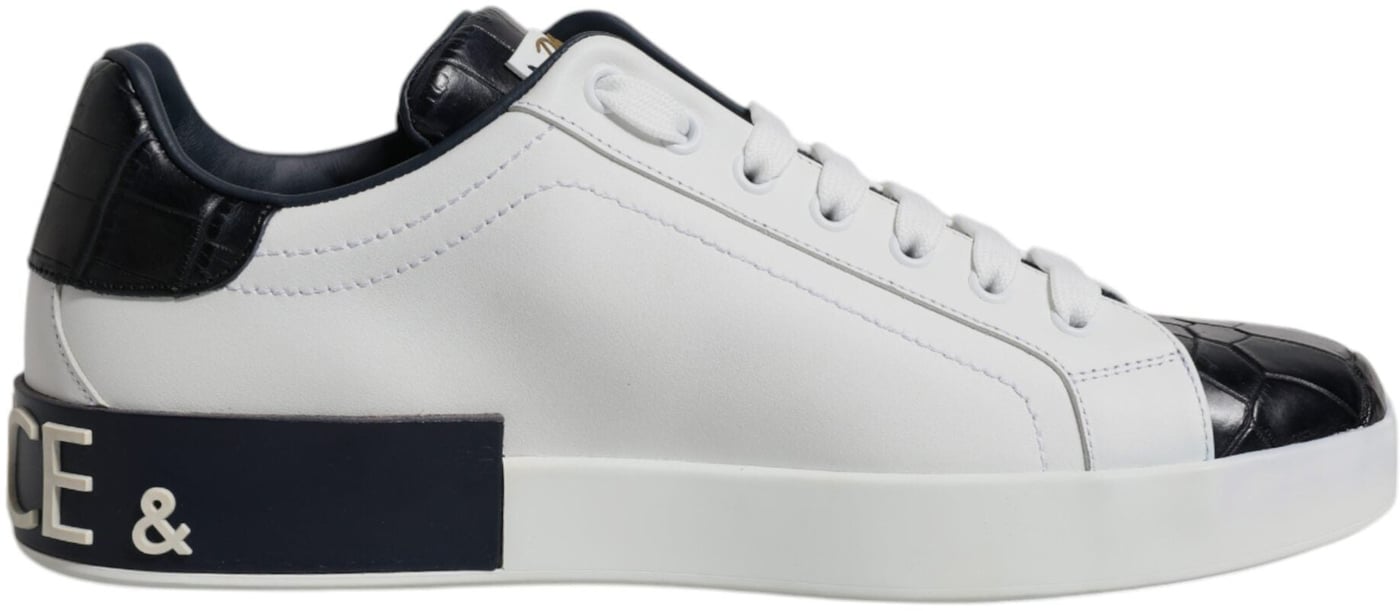 Dolce & Gabbana White Black Leather Portofino Sneakers Shoes