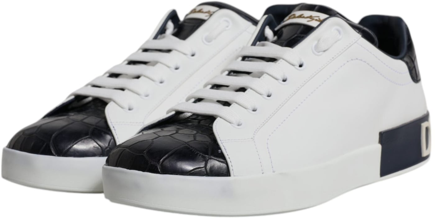 Dolce & Gabbana White Black Leather Portofino Sneakers Shoes