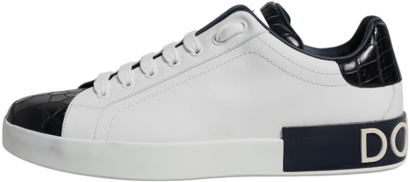 Dolce & Gabbana White Black Leather Portofino Sneakers Shoes