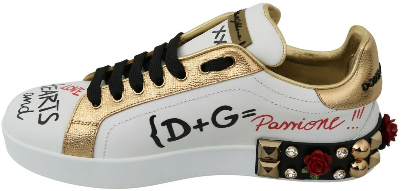 Dolce & Gabbana White Roses Sequined Crystal Womens Sneakers Shoes