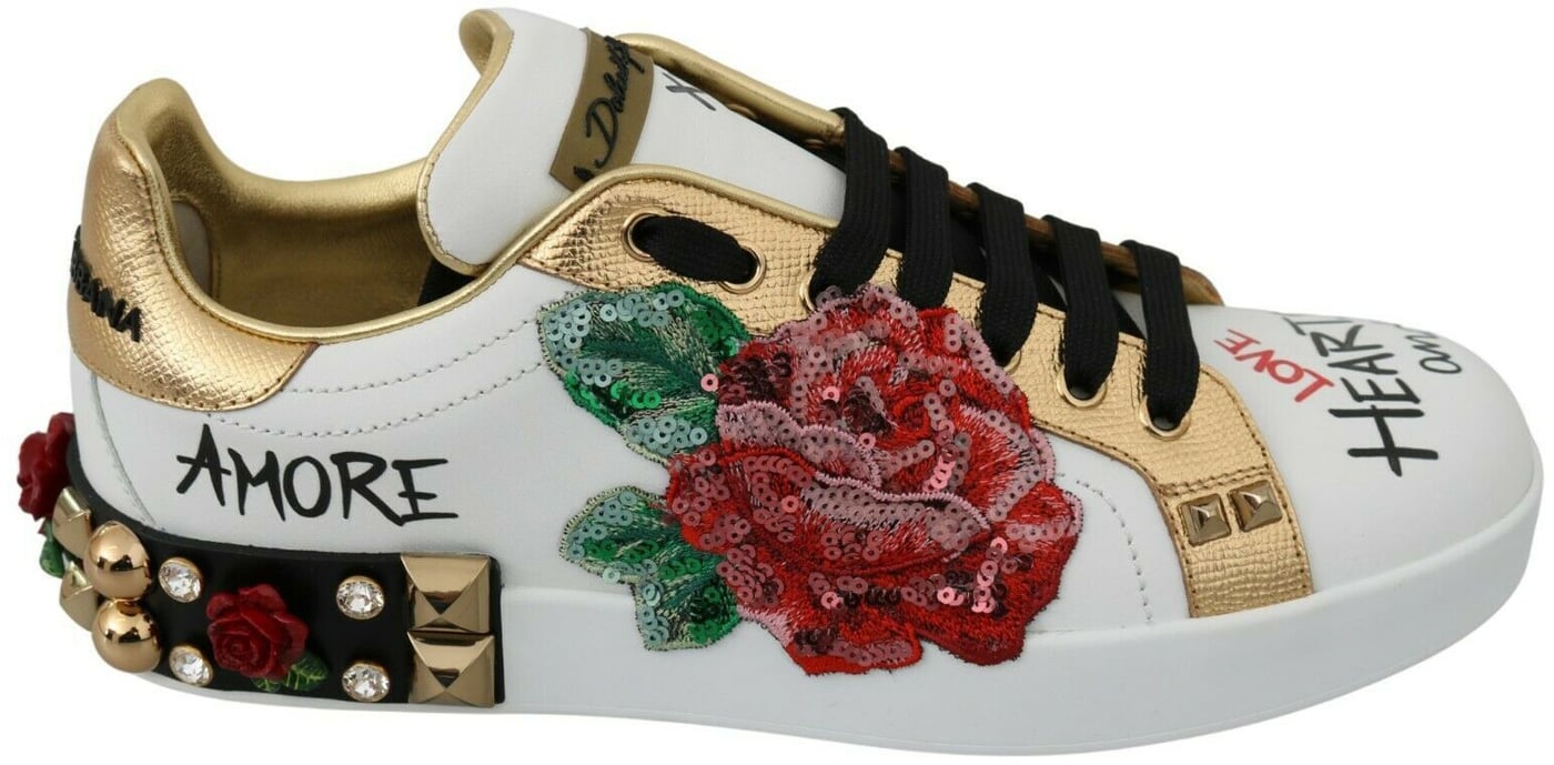 Dolce & Gabbana White Roses Sequined Crystal Womens Sneakers Shoes