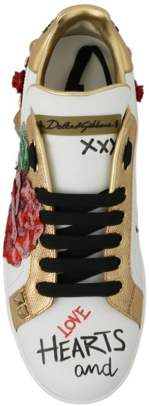 Dolce & Gabbana White Roses Sequined Crystal Womens Sneakers Shoes